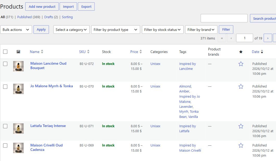 Beirut Essence’s product dashboard with prices, stock and categories